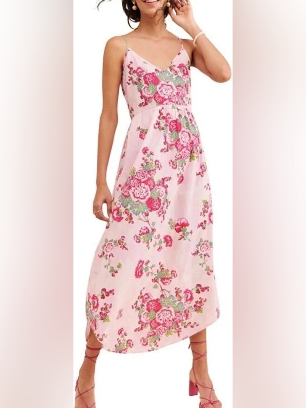 LoveShackFancy Pink Floral Spaghetti-Strap Maxi Dress, Medium